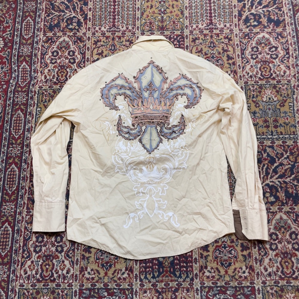 VTG 00s Caviar Dremes Cream Fleur De Lis Crown Graphic Button Down Shirt Medium